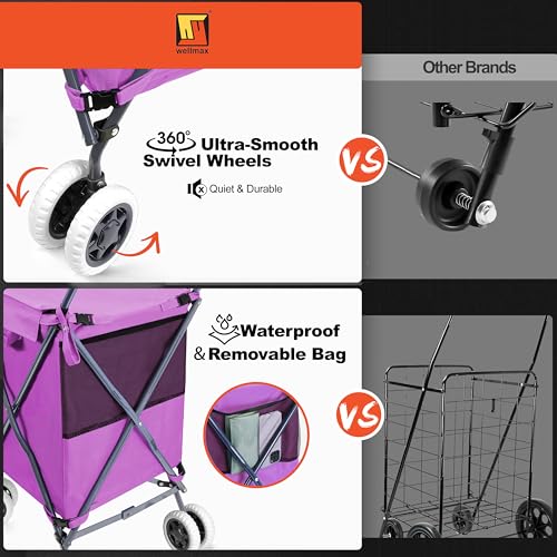 Wellmax Folding Shopping Cart with Canvas Bag & Cover, Holds 120 lb, Purple - color: Purple