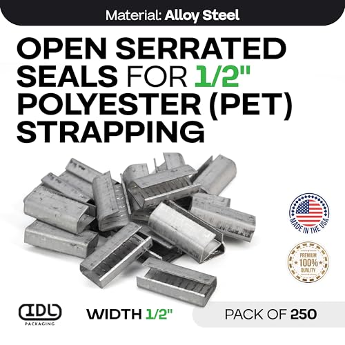 IDL Packaging Open Serrated Seals for 1/2" Polyester (PET) Strapping, Pack of 250 - USA-Made Heavy-Duty Metal Clips for Pallet Banding, Secure Shipping - Increased Load Due to Serrated Design - color: Pack of 250, size: 1/2"