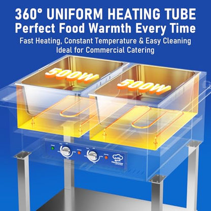 TOPKITCH 2-Pan Commercial Food Warmer, Electric Steam Table with Independent Temperature Control, 120V 1000W Stainless Steel Buffet Catering Food Warmer with Undershelf and Workspace, for Restaurant. - size: TC-2P