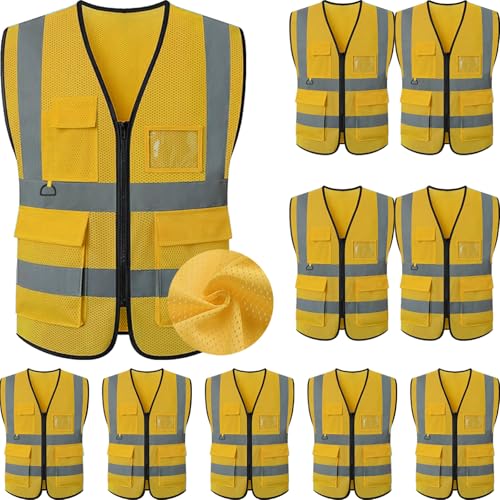Reflective Mesh Safety Vest, Breathable Hi Vis Vest Construction Work with 5 Pockets and Zipper for Men Women - color: Deep Yellow