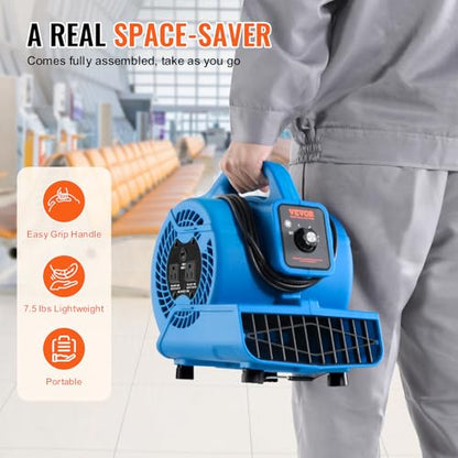 VEVOR Floor Blower, 1360 RPM 600 CFM, Air Mover for Drying and Cooling, Portable Carpet Dryer Fan with 4 Blowing Angles,3-Speeds Adjustment, for Janitorial, Home, Plumbing, Commercial Use - size: 600 CFM (3-Speed)