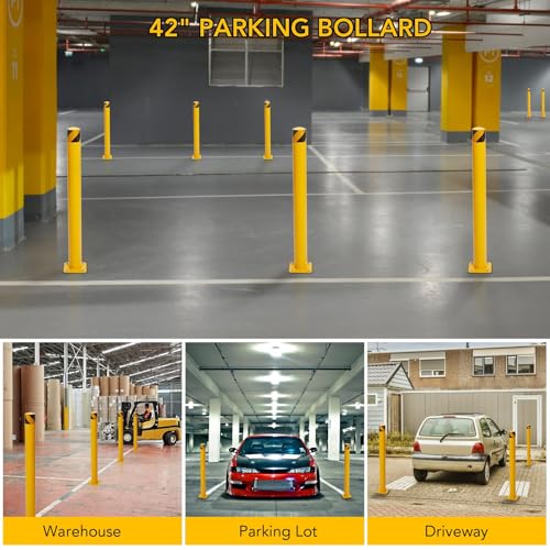 4-Pack 42 Inch Steel Safety Bollards, 4.5 Inch Diameter Parking Bollard Post with 16 Anchor Bolts, Yellow Safety Steel Bollard Post for Driveway Barrier, Traffic Control & Storefront Protection - size: 42 Inch