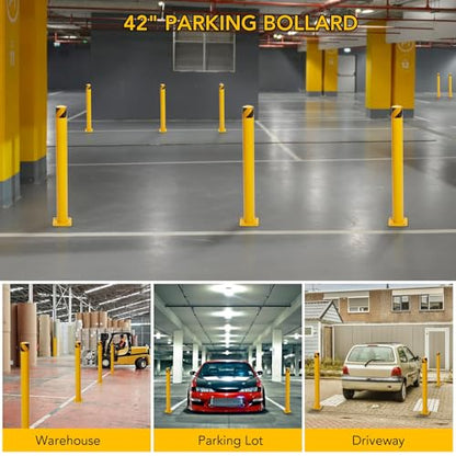 4-Pack 42 Inch Steel Safety Bollards, 4.5 Inch Diameter Parking Bollard Post with 16 Anchor Bolts, Yellow Safety Steel Bollard Post for Driveway Barrier, Traffic Control & Storefront Protection - size: 42 Inch