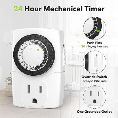 BN-LINK U47 Indoor Mini 24-Hour Mechanical Outlet Timer, 3-Prong, 4-Pack - size: 3-Prong, 4-Pack, 1 Outlet, Mini