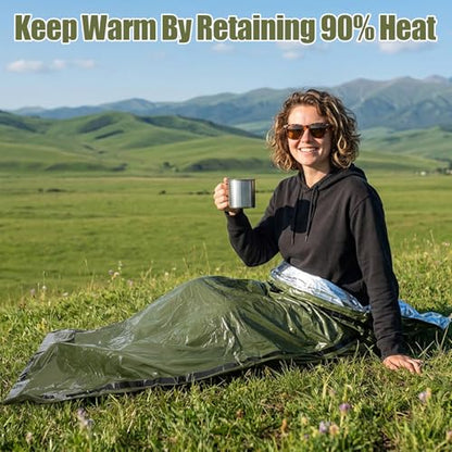 4 Pack Emergency Blanket Bivvy Bag - Waterproof Mylar Survival Sleeping Bag for Camping Hiking, Lightweight Thermal Bivy Sack, 74" x 33" x 12" Green Polyester Emergency Gear
