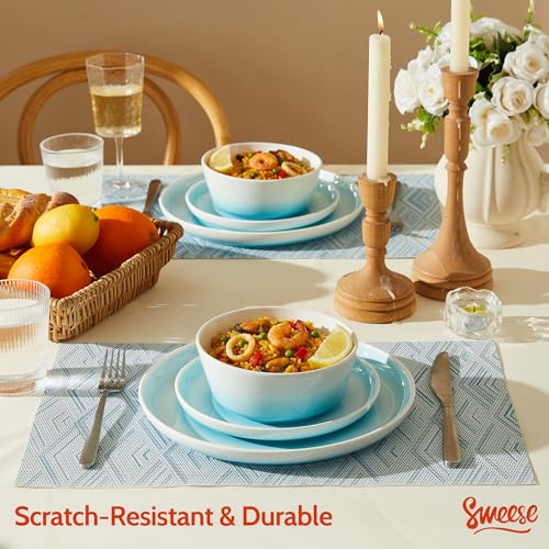 Sweese Porcelain Dinnerware Sets, Handpainted Plates and Bowls Set for 6, Scratch Resistant Dinner Set, Dishwasher and Oven Microwave Safe Dishes Set, Blue - color: Blue