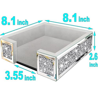 Wocred Flat Mirror Napkin Holder for Bathroom Vanity,Crystal Crushed Diamond Guest Towel Holder,Cute Napkin Tray for Kitchen,Dining table,Guest Bathroom.(8.1”X8.1”X2.6”) - size: 8.1x8.1x2.6 inch
