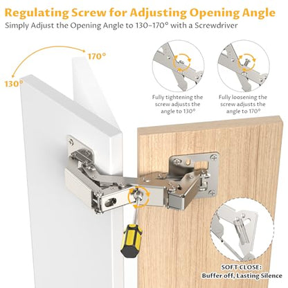 Chibery 2 Pack 170 Degree Soft Close Cabinet Hinges, Slow Smooth Hidden Frameless Lazy Susan Hinge, Concealed Hardware Surface Mount, Lid Support Trap Door, Self Closing for Corner, Kitchen Cupboard