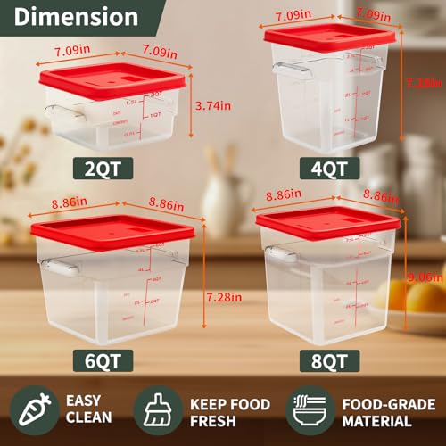 2 Quart Set of 4 Food Storage Containers,Food Containers with Lids and Handles,Square Commercial Food Containers for Kitchen, Restaurant，Refrigeration etc - color: Red-4Pack-2qt