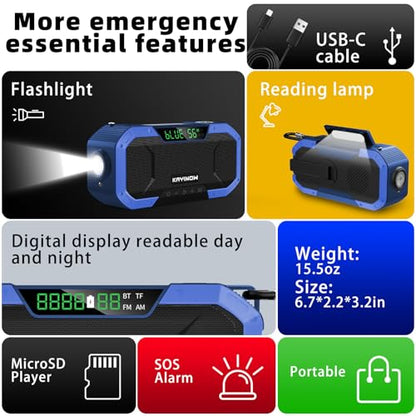 KAYINOW Emergency NOAA Weather Radio, Solar Hand Crank FM AM Radio with Bluetooth Speaker, 5000mAh/18500mWh Battery Powered, Flashlight, IPX5 Waterproof, SOS Alarm for Survival Hurricane Camping - color: Blue