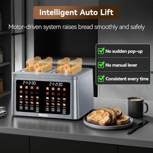 Mecity 4 Slice Toaster Wide Slot, Auto Lift Keep Warm Smart Toaster with Touch Screen, Dual Control Panel, Defrost, Auto Shut Off Digital Toasters for Bagel Muffin Waffle Gluten Free Breads1700W 120V - color: 4 Slot-Brushed stainless steel gray