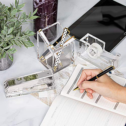 Punch & Stick | Stationery & Desk Accessories | Pen Holder, Stapler & Tape Dispenser | Silver & Clear Acrylic Lucite | Office Desk Accessories | Office Gift Set - color: Silver