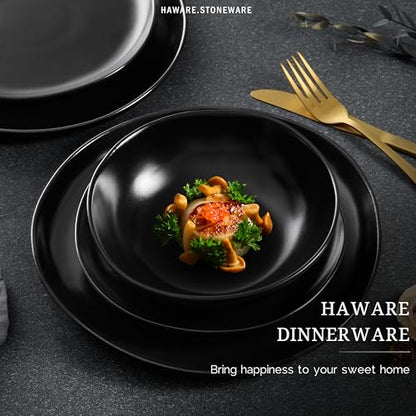 HaWare Plates and Bowls Set, Stoneware Dinnerware Sets, 18-Piece - color: Matte Black, size: 18 Pieces- Service for 6