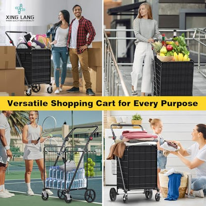 XINGLANG Heavy Duty Folding Shopping Cart – 5.0 Cu Ft, 480 lbs Capacity, Double Basket & Removable Waterproof Liner, 360° Swivel Wheels with Brakes, Adjustable & Rotating Handle for Laundry & Grocery - size: Extra Large