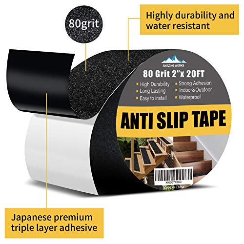 Grip Tape - Heavy Duty Non Skid Tape High Traction 80 Grit Non Slip for Stairs Outdoor/Indoor, Waterproof Stairs Non Skid Treads, Durable Triple Layer Adhesive 2 Inch x 20 Ft - Black - size: 2 Inch x 20 Feet