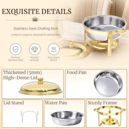HEADMALL Chafing Dishes for Buffet 4 Pack, 6QT Round Gold Chafing Dish Buffet Set with High Dome Lid, Stainless Steel Food Warmers for Parties, Catering Supplies and Buffet Servers, Safe Rolled Edge - color: Gold