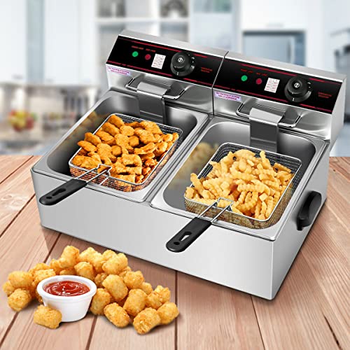 Safstar Professional Electric Deep Fryer, Dual Tank Stainless Steel Chicken Chips Fryer with Basket Scoop for Commercial Restaurant Countertop Family Food Cooking