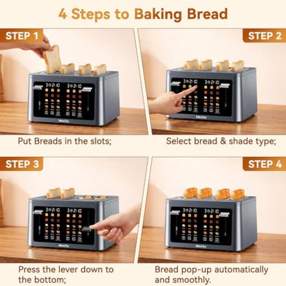Mecity 4 Slice Touchscreen Toaster, 6 Bread Modes & 6 Browning Levels, Dual Touch Control Wide Slot Stainless Steel Electric Toaster with Memory, Defrost, 3-Min Auto Shutoff for White, Bagels, Waffles - color: 4 Slot-Brushed stainless steel gray