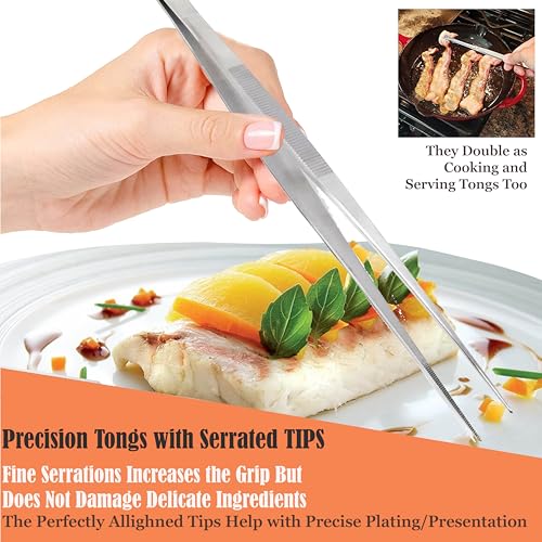 Professional Culinary Stainless Steel Precision Tongs with Serrated Tips, Plating/Food Presentation Detailing Serving Tongs, Chef's Kitchen Tweezer Tongs - Ultra Non-Slip Grip (12" STR Slim) - size: 12" Straight Slim