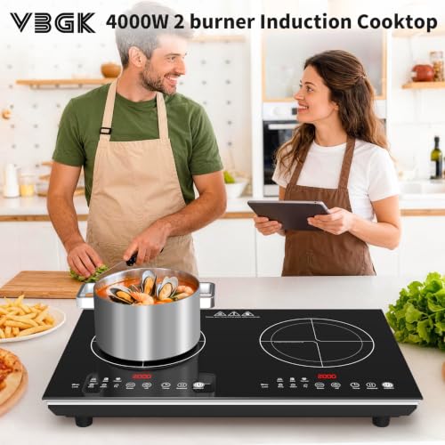 VBGK 2 burner induction cooktop,110V 4000W 2 burner induction plate with Brushed Panel LED touch Control, induction stove top with 10 Power Levels, Kids Lock & 4H Timer - size: 2 burner induction cooktop