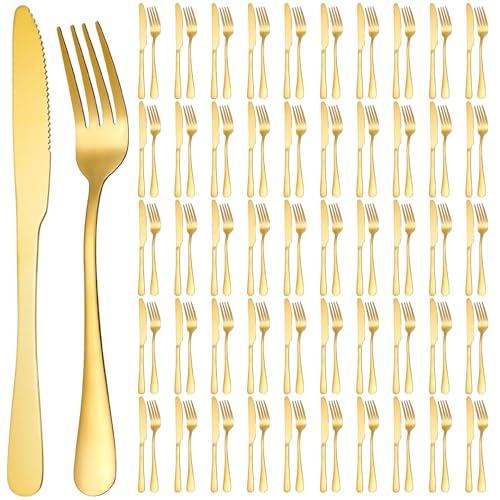 100 Pcs Gold Silverware Set - Includes 50 Forks and 50 Knives - Stainless Steel Forks and Knives Flatware Tableware Cutlery Set for Wedding Dinner Party Restaurant Holiday Party