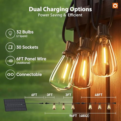 addlon 102FT Solar String Lights Outdoor, Waterproof,Dimmable, Last 20+ Hrs - size: 96+6FT