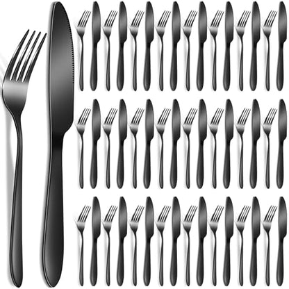 Nuenen 50 Pcs Stainless Steel Forks and Knives Black Silverware Set - color: Black, size: 7.1 x 1 Inch, 8.4 x 0.7 Inch