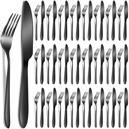 Nuenen 50 Pcs Stainless Steel Forks and Knives Black Silverware Set - color: Black, size: 7.1 x 1 Inch, 8.4 x 0.7 Inch