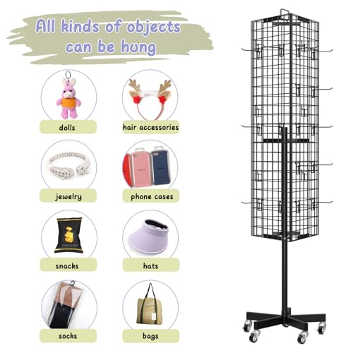 Grid Wall Panels Display Stand - 16”*63.3"Triangular Display Metal Shelf with 30 Hooks for Vendor Events,360° Rotating Art Display Panels Heavy Duty Floor Standing Movable Retail Display Organization