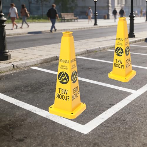 28" Yellow "Caution Wet Floor" Safety Cones 6-Pack with Base - color: Yellow, size: 28"