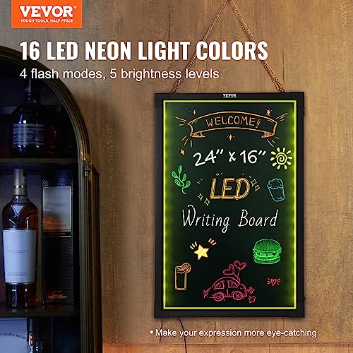 VEVOR LED Message Writing Board, 24"x16" Illuminated Erasable Lighted Chalkboard, Neon Effect Menu Sign Board, Drawing Board with 8 Fluorescent Chalk Markers and Remote Control, for Home Wedding Shop - size: 16"W x 24"H