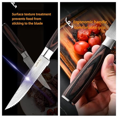 Steak Knives Set, 6/8/14 Piece Options, German High Carbon Stainless Steel, 5cr15MoV steel, Wood Handle,Full Tang Design,serrated Meat Knife, Sharp Dinner Knives (14PCS)