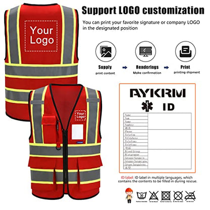 AYKRM Security Vest for Men Women 7 Pockets High Visibility Reflective Safety Vest Front Zipper Meets ANSI/ISEA - color: Red, size: X-Small