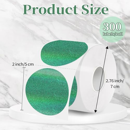 2 Inch Holographic Thermal Labels,Green Round Thermal Printer Labels,Printable Round Thermal Printer Labels Self-Adhesive Direct Thermal Label(300 Labels/Roll Green) - color: Green Dots, size: 2 inch