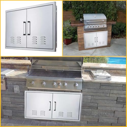 Outdoor Kitchen Doors, 42x21 Inch 304 Stainless Steel BBQ Access Door with Vent, Double Steel Doors for Outdoor Grill Island - size: 42W x 21H
