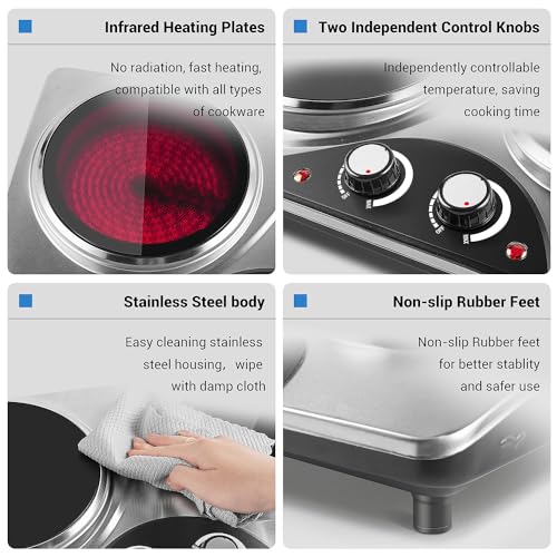 Hot Plate, CUSIMAX Electric Double Burner Countertop Ceramic Infrared Stove - color: Silver