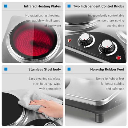 Hot Plate, CUSIMAX Electric Double Burner Countertop Ceramic Infrared Stove - color: Silver