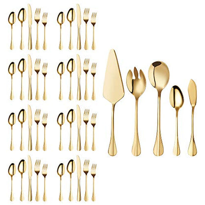 Gold Silverware Flatware Set, HF HOFTEN 45-Piece Stainless Steel Durable Cutlery Serving Set, Service for 8, Modern Elegant Design for Home/Hotel/Restaurant, Mirror Polished & Dishwasher Safe - color: HX032-45GO