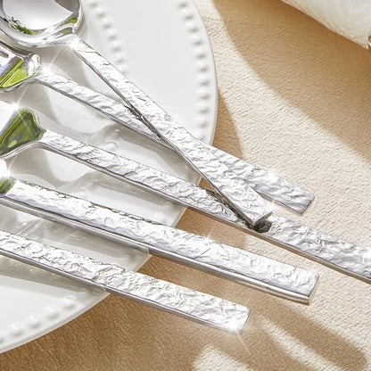 20 Pcs Hammered Silverware Set for 4, 18/10 Stainless Steel Flatware - color: Silver, size: 20-Piece
