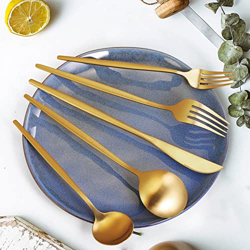 MIKIWAY 60-Piece Stainless Steel Flatware Set, Matte Golden Cutlery, Includes Spoons, Forks, Dishwasher Safe - color: Gold