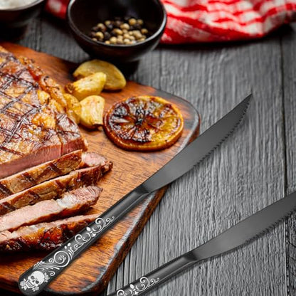 Skull Ultra Sharp 2-IN-1 Serrated Knives, SANLUNS Chef Knife Set Serrated Knives of 12 - Professional Design Collection - 18/0 Stainless Sharp Dinner Knive Unique Skull Pattern Design - color: 10-Steak Knife-12Pc-Black-Skull