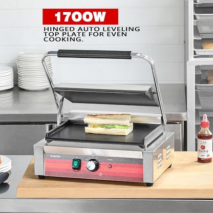EGGKITPO Commercial Electric Panini Grill with Flat Plates Stainless Steel Sandwich Maker 14"× 9.5" Cast Iron Enamel Plate Countertop Panini Press with Temperature Control for Business 110V 1700W - size: 14"×9.5” Smooth Plate
