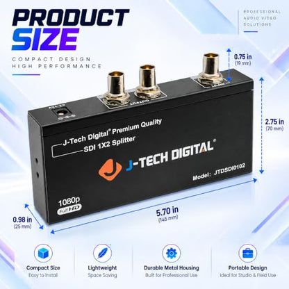 J-Tech Digital SDI Splitter | 1 Input, 2 Outputs | Supports up to 1320ft. | Compatible with SD, HD, 3G-SDI for Cameras, Monitors [JTDSDI0102] - size: 1x2