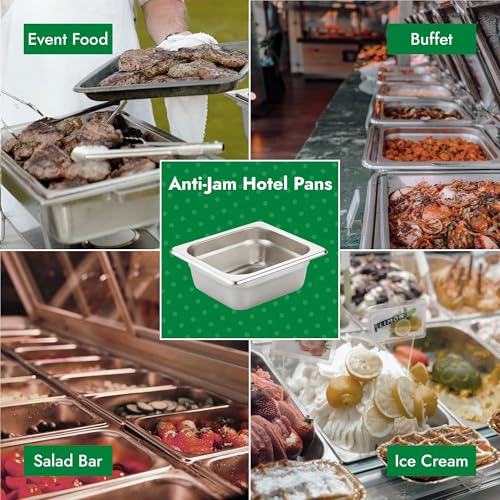 HECMAC 6 Pack Anti-Jam Hotel Pans, 1/6 Size 2 1/2 Inch Deep, Commercial Stainless Steel Chafing Steam Table Pan, Catering Storage Metal Food Pan, 23 Gauge - size: 1/6 Size, 2-1/2" Deep