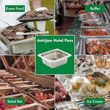 HECMAC 6 Pack Anti-Jam Hotel Pans, 1/6 Size 2 1/2 Inch Deep, Commercial Stainless Steel Chafing Steam Table Pan, Catering Storage Metal Food Pan, 23 Gauge - size: 1/6 Size, 2-1/2" Deep