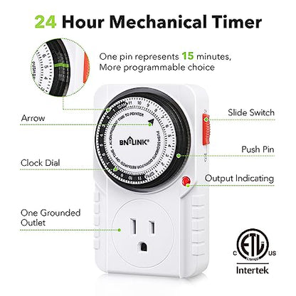 BN-LINK 24-Hour Heavy Duty Mechanical Timer Outlet,Indicator Light, 3-Prong - size: 1 Pack