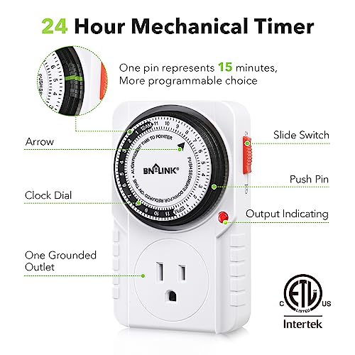 BN-LINK 24-Hour Heavy Duty Mechanical Timer Outlet,Indicator Light, 3-Prong - size: 1 Pack