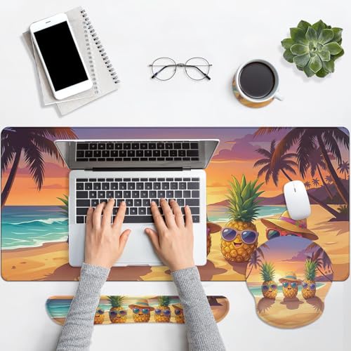 Britimes Keyboard Mouse Pad Set, 4 in 1 Desk Mat Set, Summer Pineapple - color: Summer Pineapple