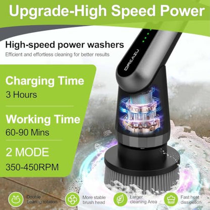 Dreazu Pro Electric Spin Scrubber, 10-in-1 Cleaning Brush with Retractable Handle, 44 lbs High Torque Variable Speed Shower Scrubber for Bathroom, Kitchen, Tile Floors, Bathtub, Toilet & Car - color: Black