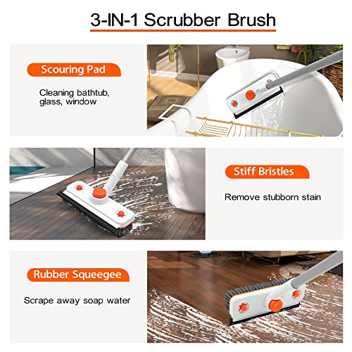 Floor Scrub Brush with Long Handle, 3-in-1 Rotating Scrubber with Squeegee